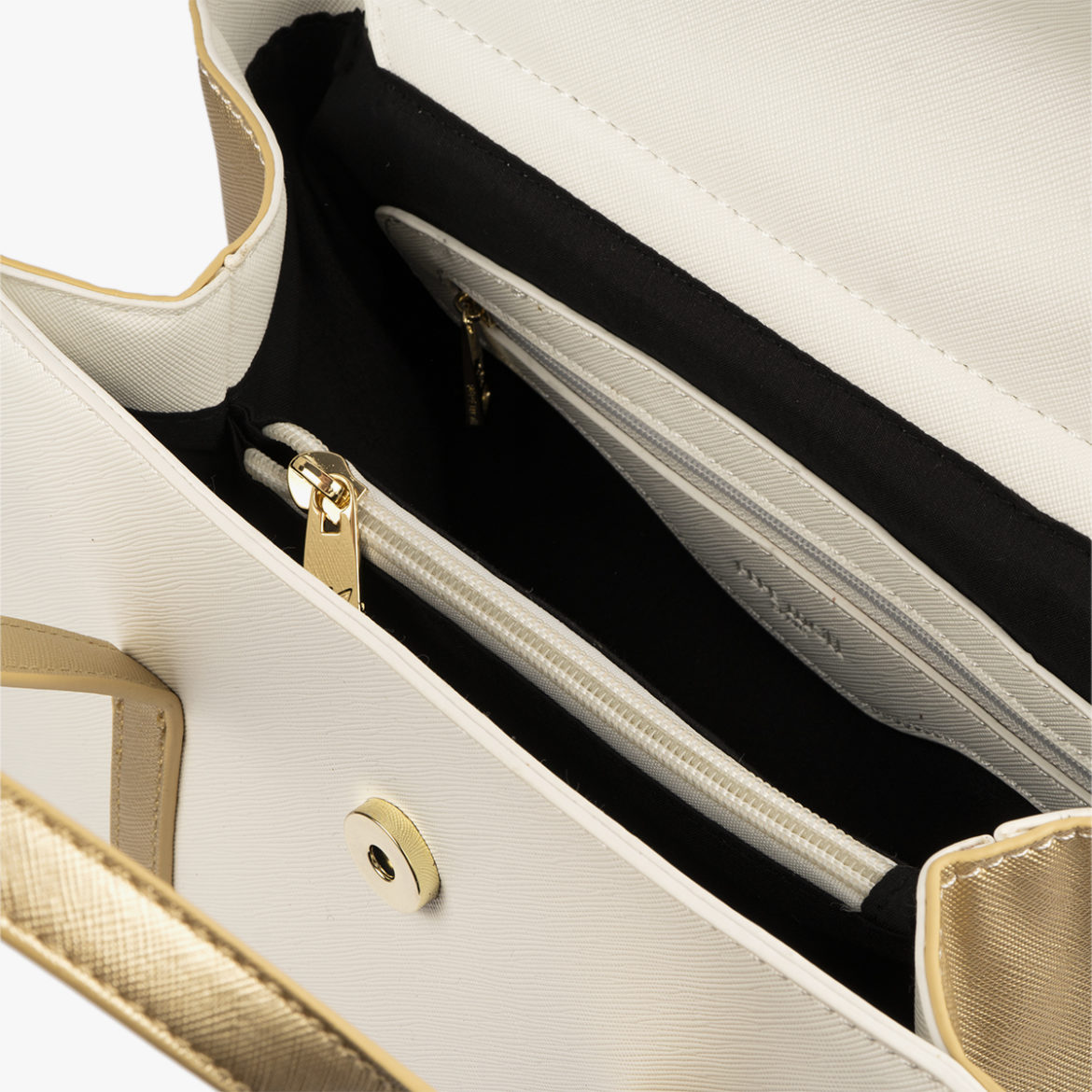 bolso de mano blanco con detalles dorados pepemoll 14125
