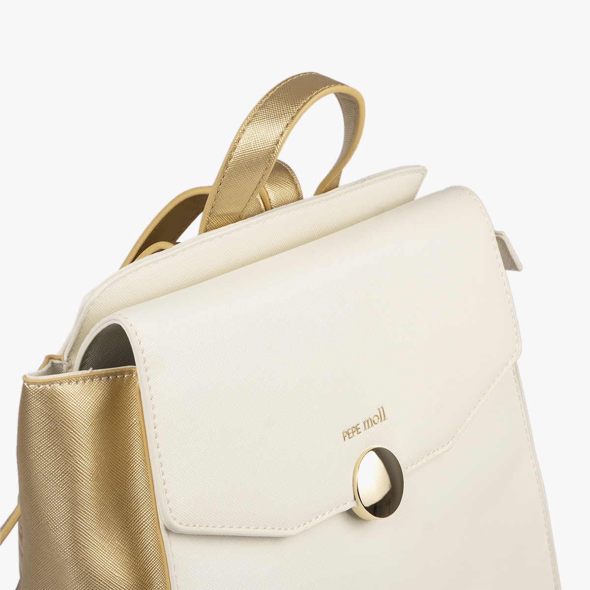 bolso mochila blanco con detalles dorados pepemoll 14125